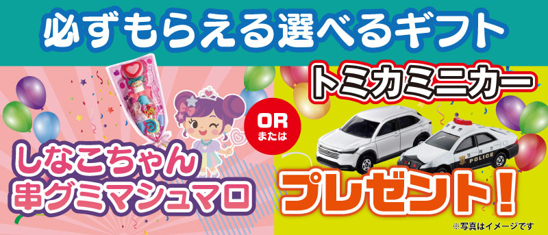 必ずもらえる選べるギフト「しなこちゃんマシュマロ・トミカ」
