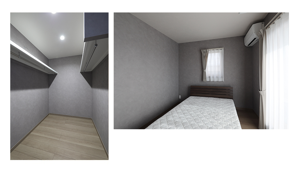 2階建てモデルハウス 主寝室とウォークインクローゼット